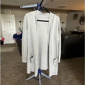 89th & Madison gray with white trim long Cardigan Sweater. Size Large